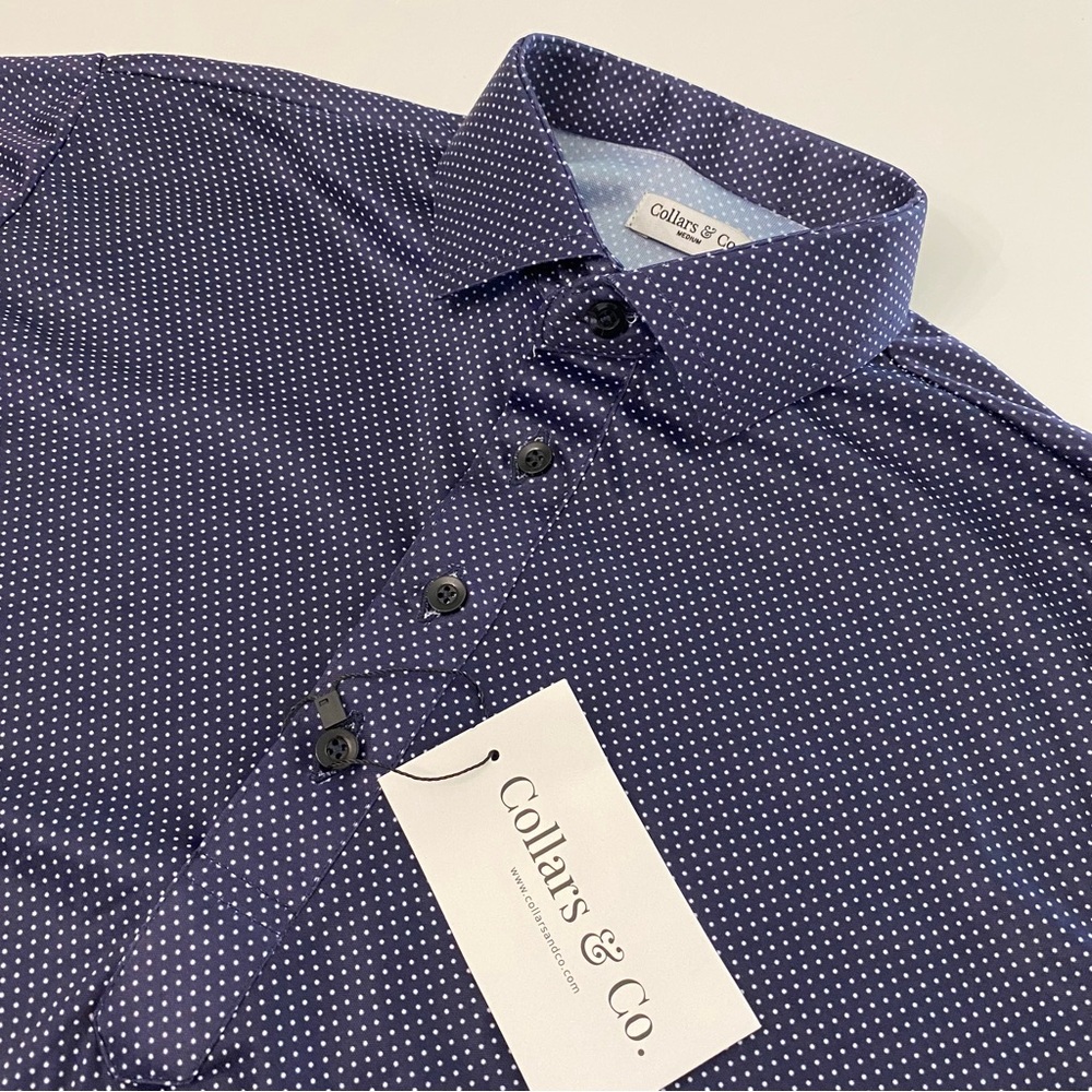 Collars & Co Dress Collar Blue White Dots Geometric Mens Medium Polo NWT
